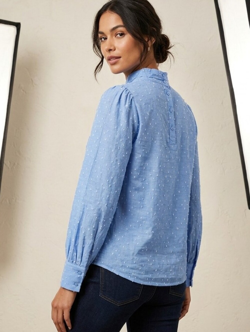 LOFT Chambray Blue Swiss Dot Blouse High Neck Button Back Puff Sleeve Top